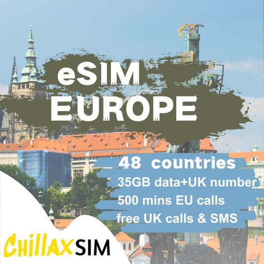 O2 Esim Europe (48 دولة) مع عدد المملكة المتحدة